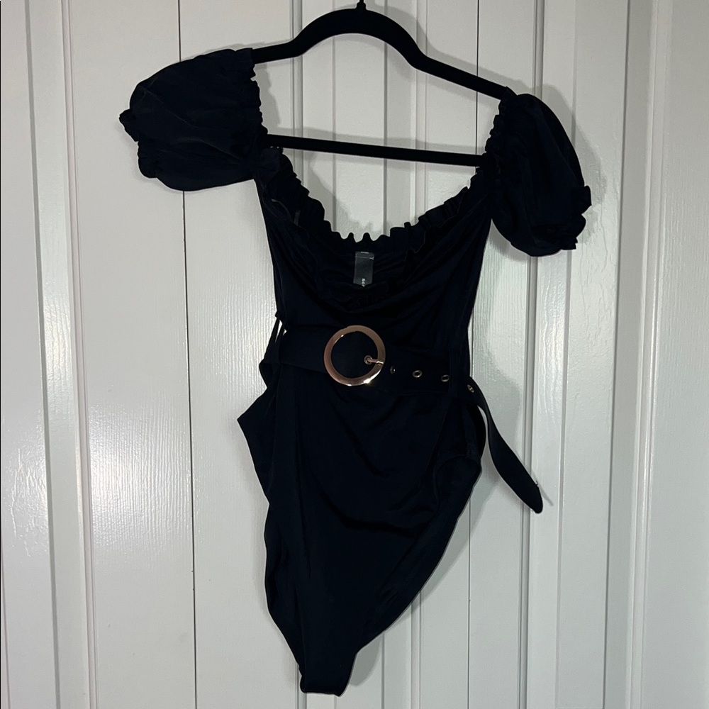 Black Off-Shoulder Swimsuit with Belt Something Navy Swim Suit One Piece